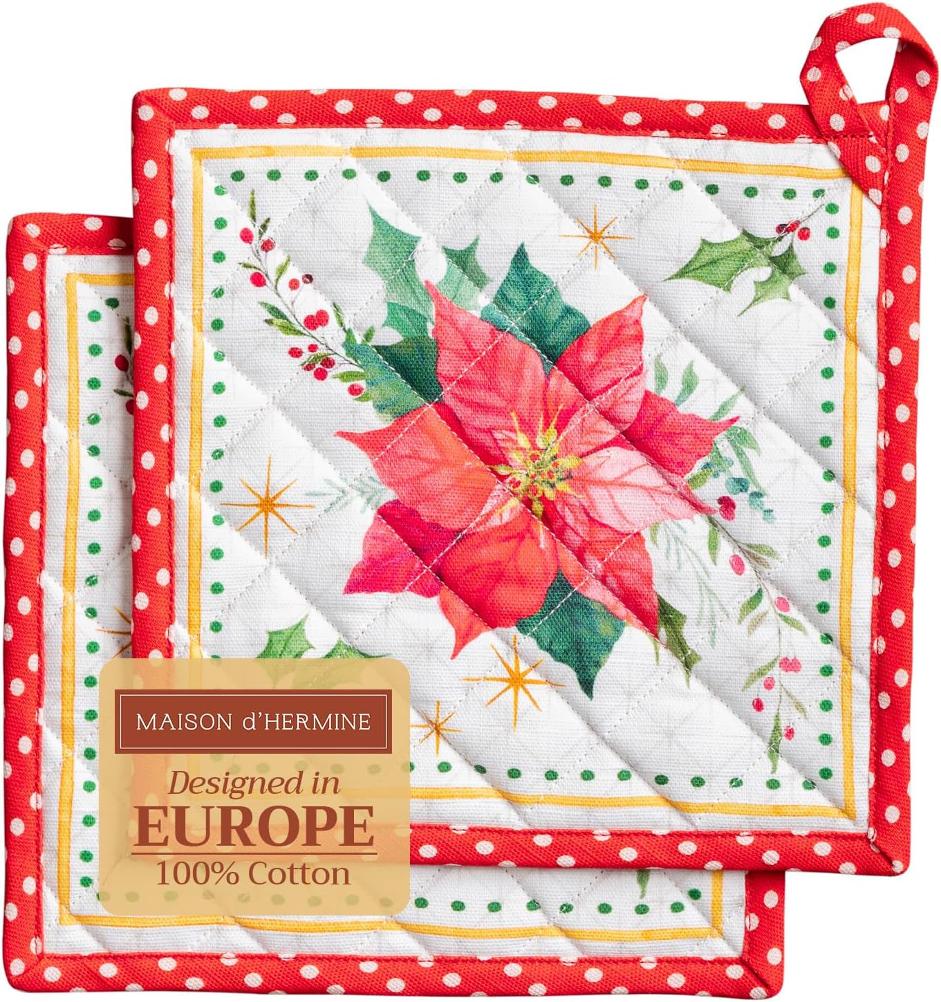 Maison d' Hermine Pot Holders Set 100% Cotton Heat Resistant Potholders 8" x 8" Hot Pads with Loop BBQ, Cooking, Baking, Grilling, Kitchen, Handling Hot Pans (Pack of 2, Poinsettia Christmas)