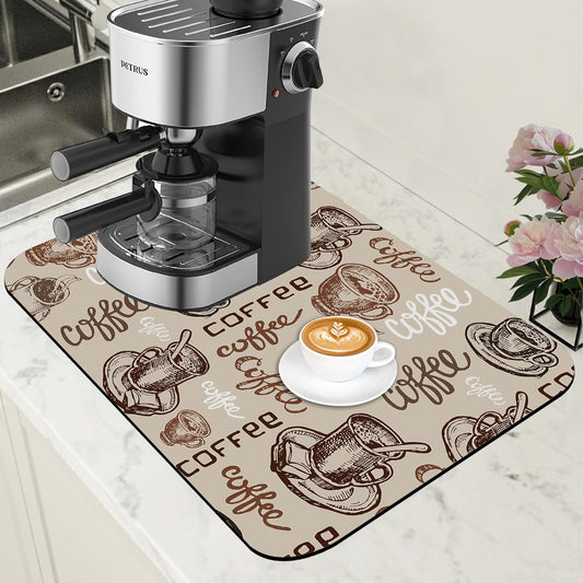 Coffee Cup Dish Drying Mat Cute Doodle Coffee Bar Mat for Countertop Absorbent Rubber Backed Hide Stain Dish Drainer Rack Pad Espresso Machine Dining Room Decoration 11.8 x 19.7 Inch