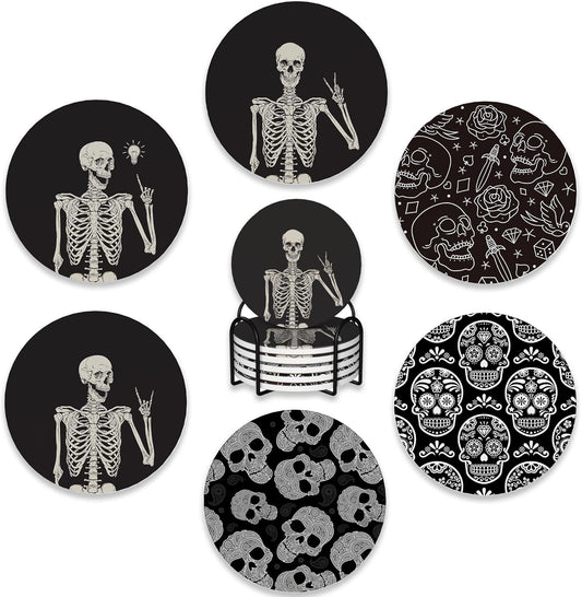 Drink Coasters Set of 6 with Holder,Human Skeleton Posing Skull Head Absorbent Ceramic Coasters with Cork Base,Fit All Cups,Tabletop Protection Mat for Mugs and Cups,Office,Kitchen