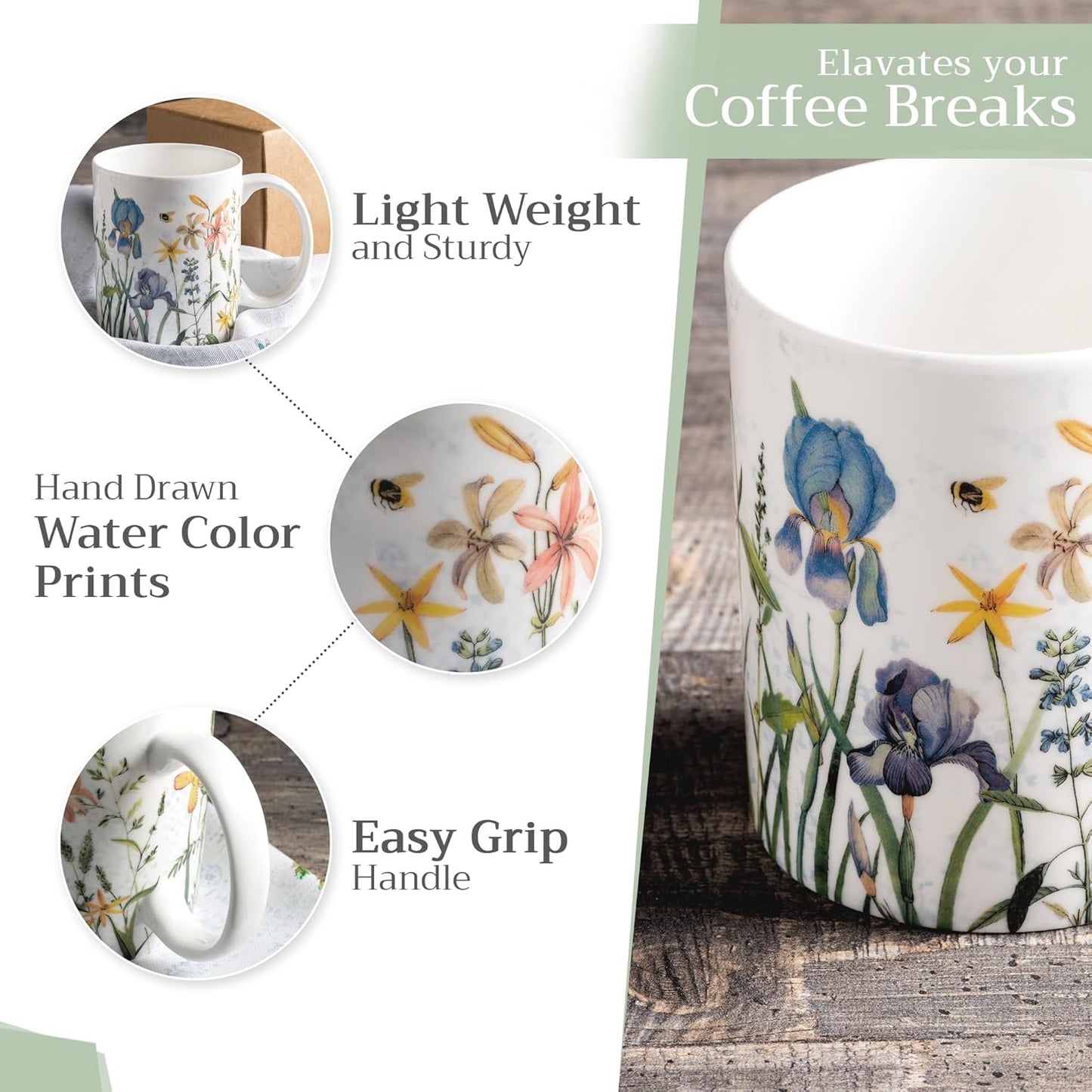 Maison d' Hermine Coffee Mug with Handles Fine Bone China Mugs Pack of One Tea Cups for Hot Beverages Cappuccino Latte Home Restaurant Office Perfect for Gift (Fleurs De Mai - Floral, 12 Ounce)