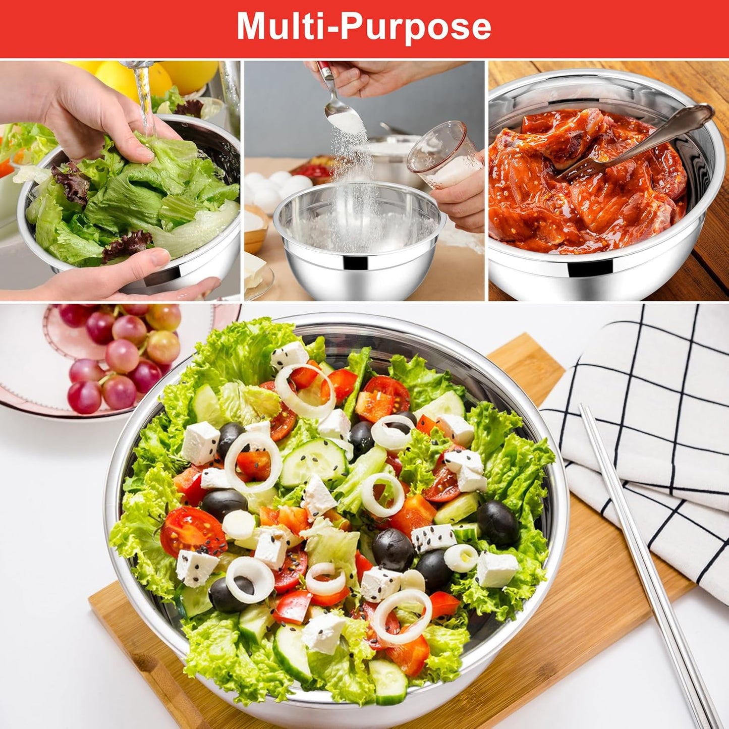 E-far Mixing Bowls with Lids, 6-Piece Stainless Steel Salad Bowls Metal Nesting Bowls for Baking Cooking and Prepping, Airtight Lids & Stackable Design, Size 4.5, 3, 1.5 QT (Red)