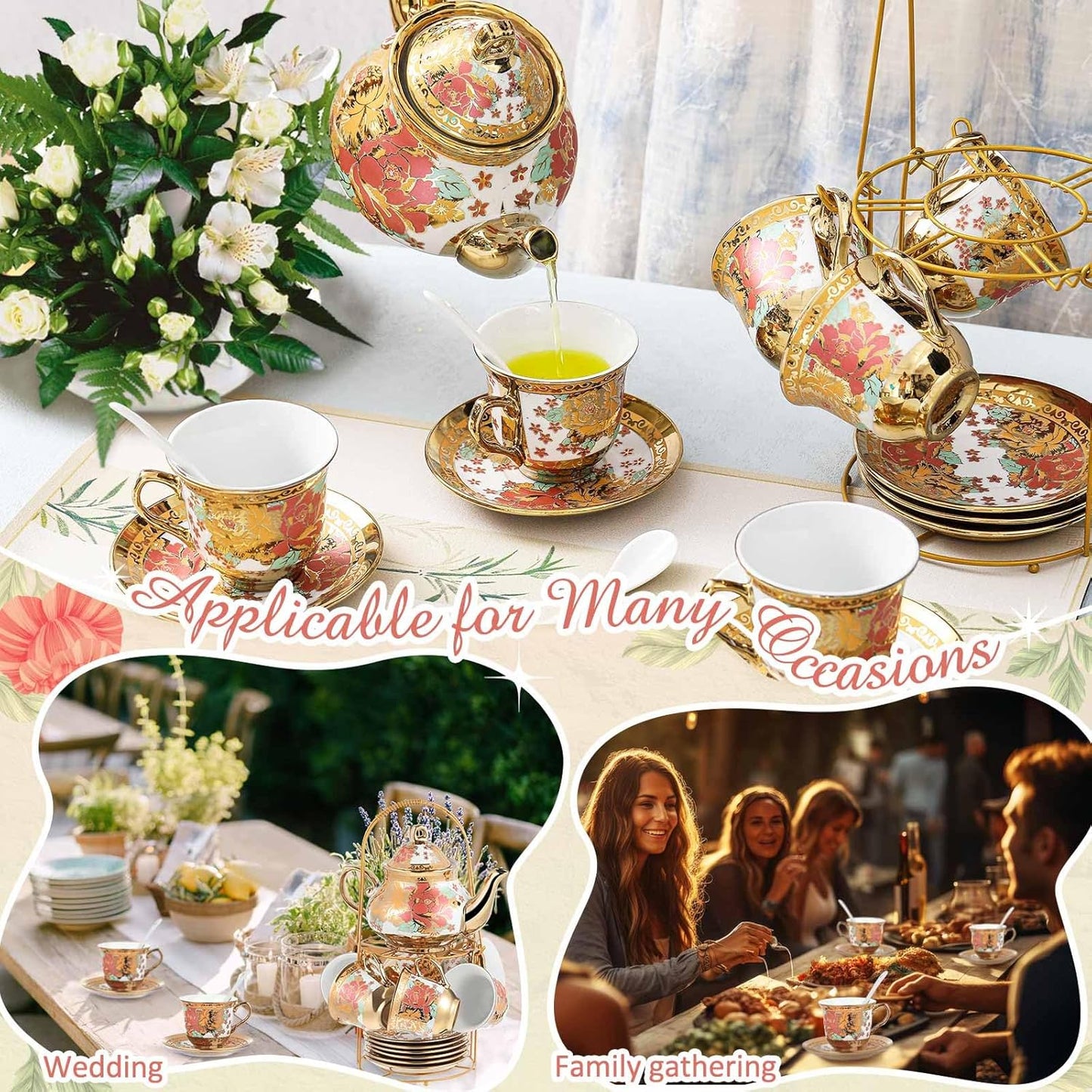 Zhehao 20 Pcs Porcelain Tea Set with Metal Holder and Spoon Adult Ceramic Tea Party Set European Flower Painting Teapot Cup Saucer Spoon Set for Women, Large Version(Stylish Style)