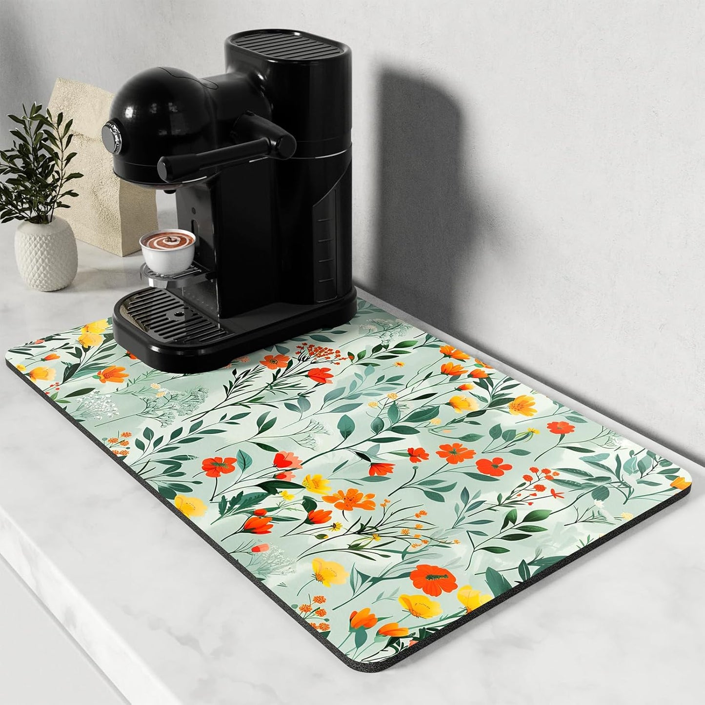 Rnivvi Coffee Mat, 12" x 19" Cute Coffee Bar Mats for Espresso Machine Station Accessories and Organizer, Hide Stain Rubber Backed Absorbent Dish Drying Pad for Kitchen Counter, Abstract Flowers
