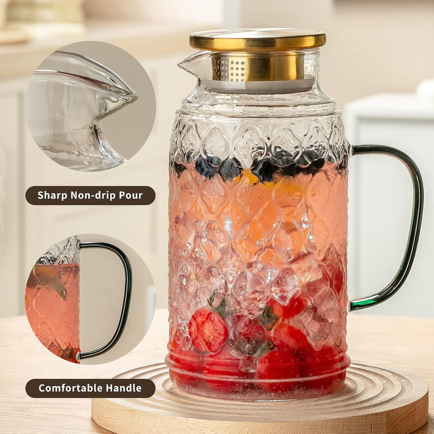 Glass Pitcher with Lid, 2 PACK 84 oz/2.5L Liter Vintage Water Pitcher, Clear Borosilicate Glass Water Carafe for Cold Brew, Coffee, Lemonade, Iced Tea,Beverage, Heat Resistant