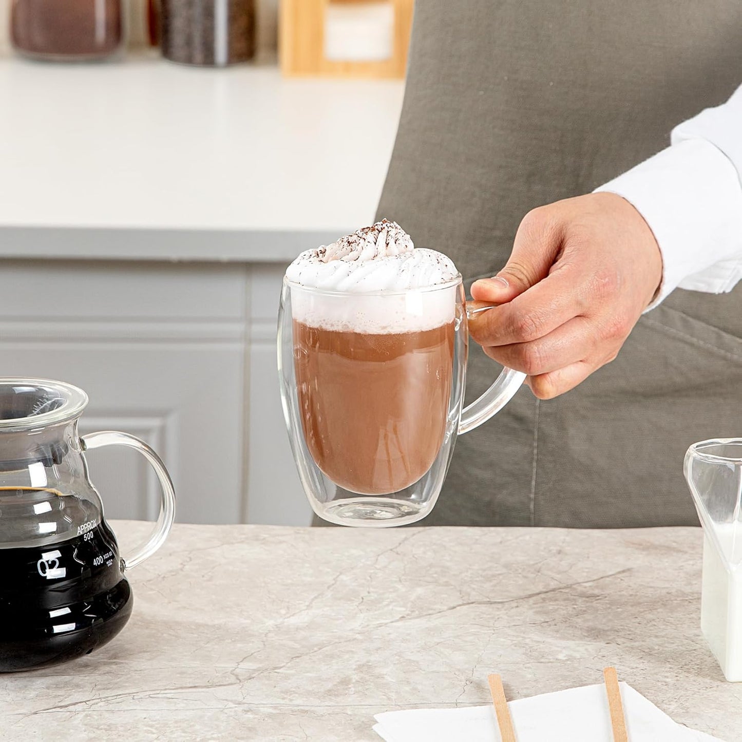 Restaurantware-Forma Professional 11.8 Ounce Glass Coffee Cups, 12 Insulated Coffee Cups With Handle - Dishwashable, Reusable, Clear Double Wall Beverage Tumblers, Freezable For Hot Or Cold Beverages