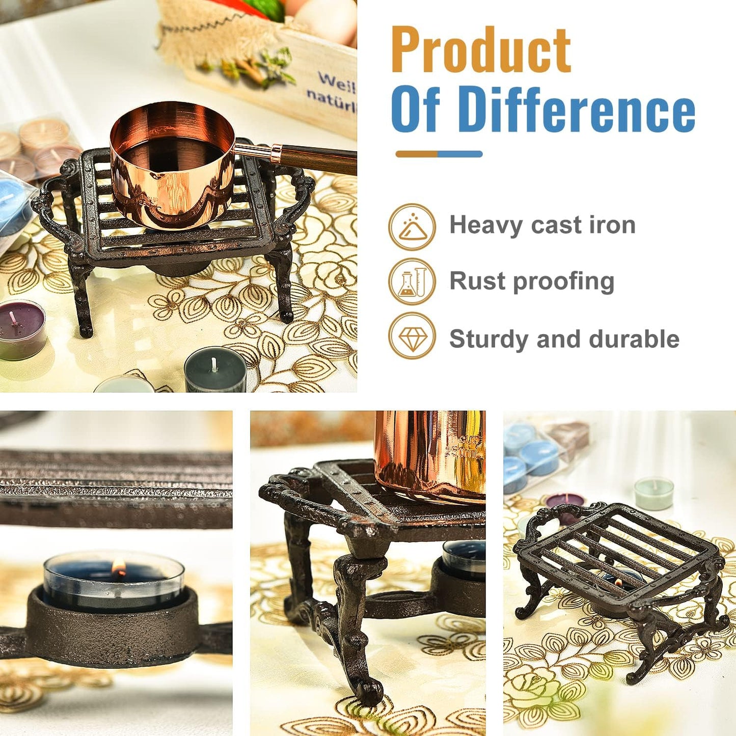 Sungmor Heavy Duty Cast Iron Teapot Dish Warmer Stable Holder for Tealight Stand | Tealight Warmer Decorative Stove for Villa Yard Balcony-Square