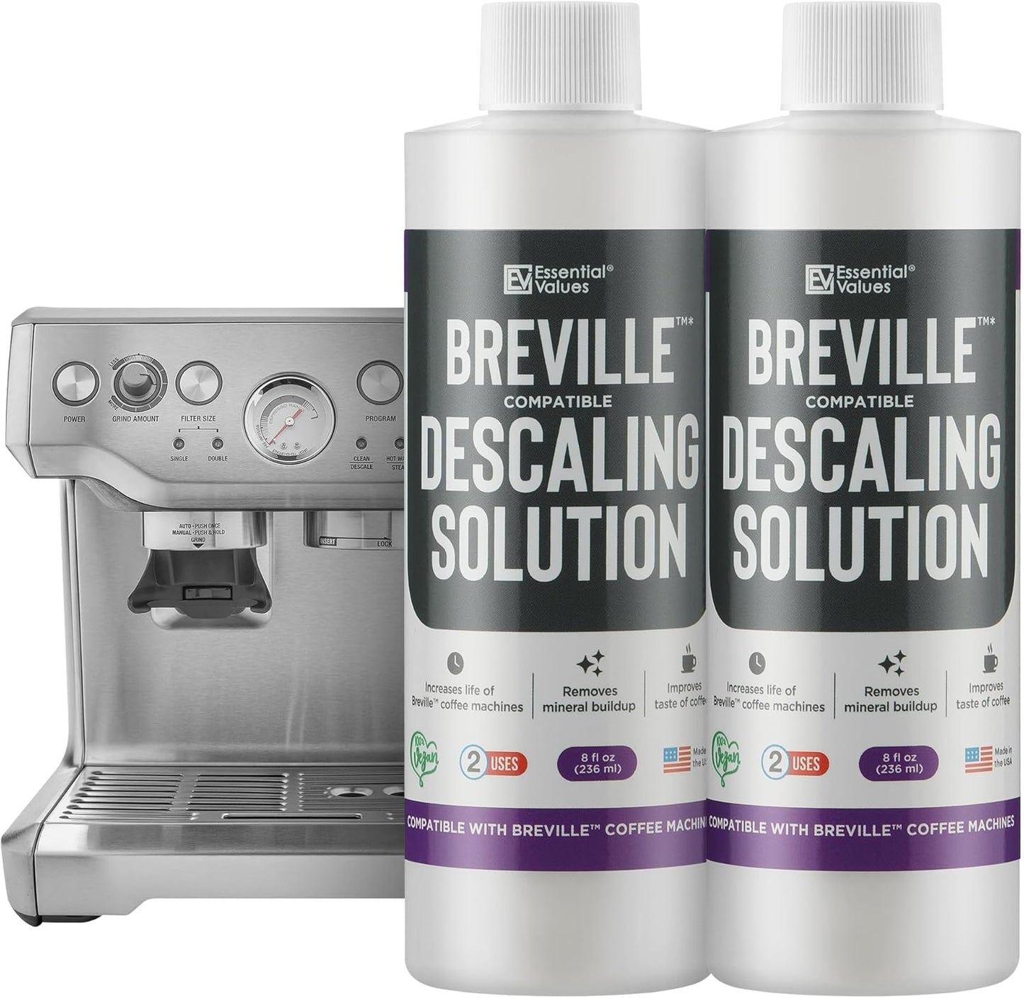 Essential Values Descaling Solution Compatible with Breville - Coffee Pot Cleaner and Descaler - Descaler Specially Formulated for Breville Coffee Machines - 12 Month Supply 2-Pack