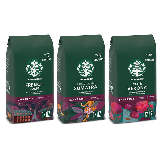 Starbucks Dark Roast Ground Coffee, Variety Pack, 3 bags (12 oz each)