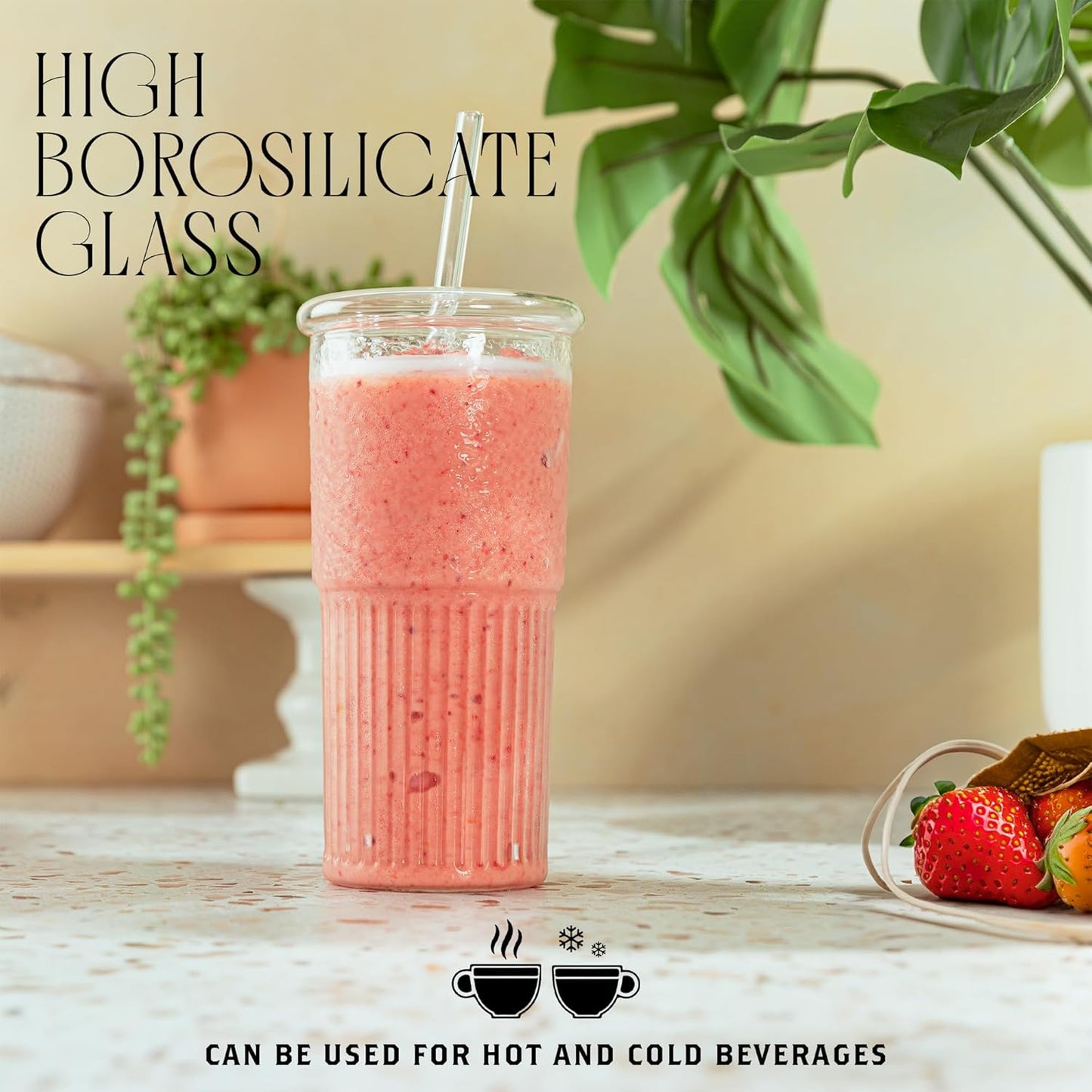 Glass Cups with Lids & Glass Straws, 20 Ounce High Borosilicate Iced Coffee Tumbler 2 Pack