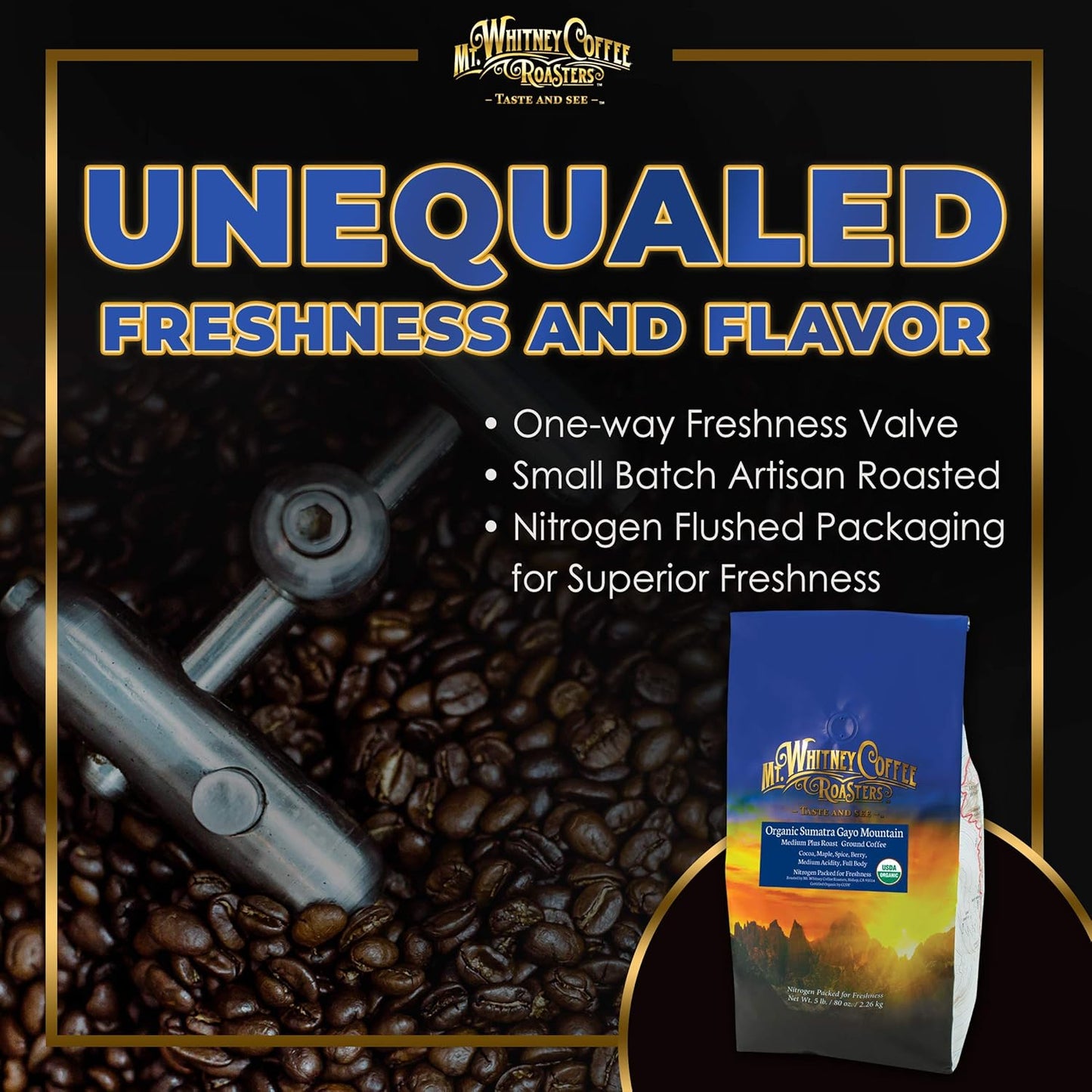 Mt. Whitney Organic Gayo Mountain Sumatra, Medium Dark Roast, Low Acid Coffee (Ground, 5 Lb)