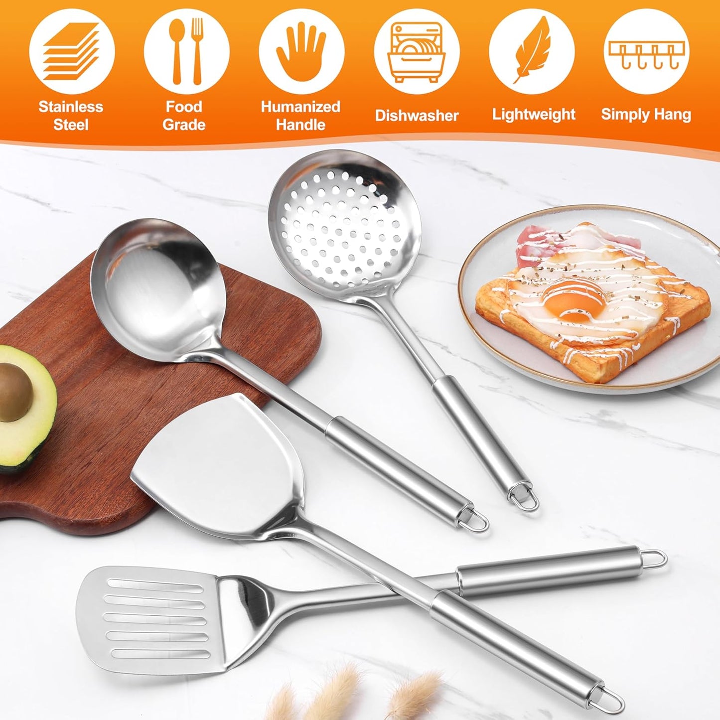 E-far Stainless Steel Cooking Utensils, 4-Piece Heat Resistant Kitchen Utensils Set, Non-toxic Metal Kitchen Tools Spatulas Set Including Soup Ladle, Slotted/Solid Turner, Skimmer, Dishwasher Safe