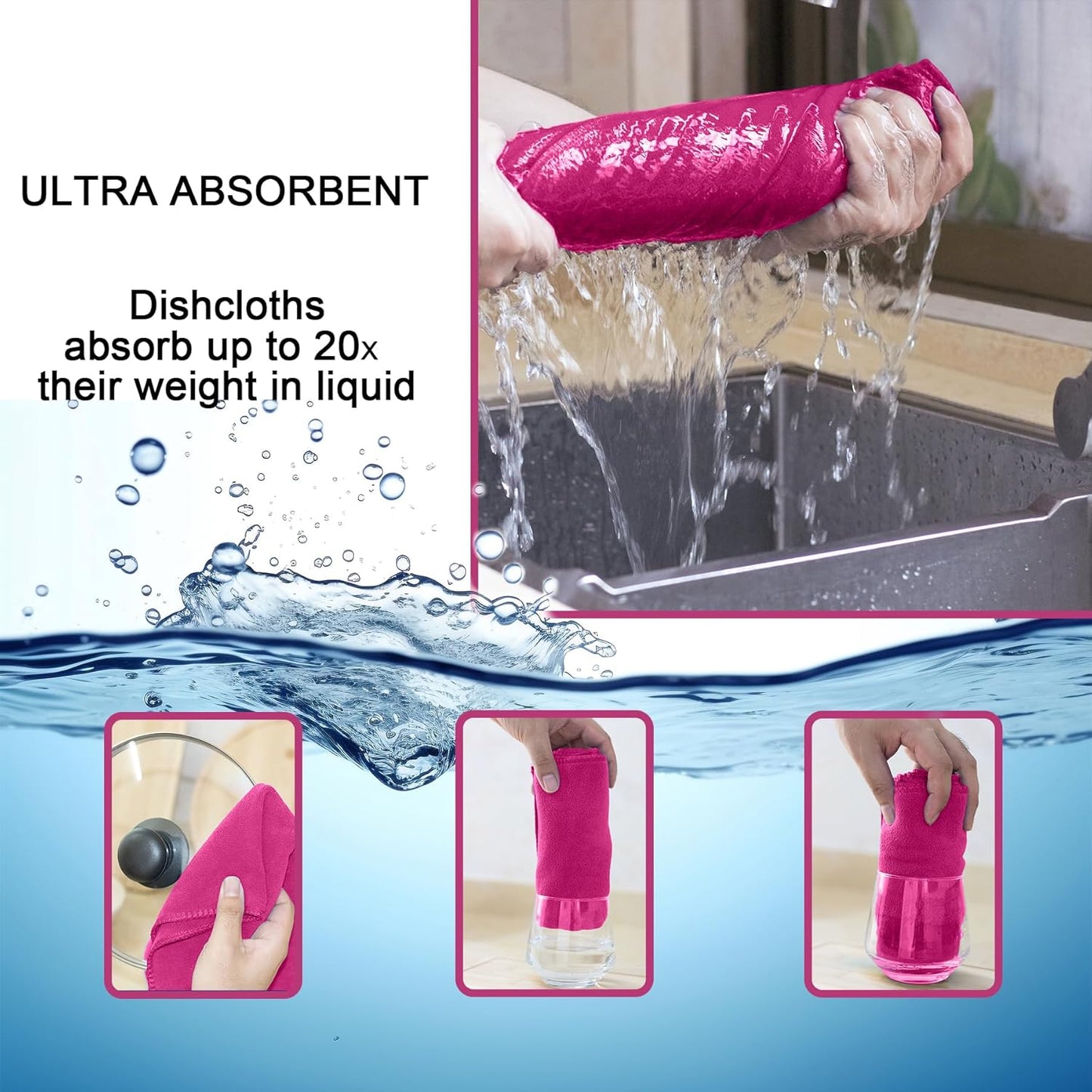 kimteny 13x28 Inches Kitchen Cloth Dish Towels, 400 GSM Premium Dishcloths, Super Absorbent Coral Velvet Microfiber Cleaning Cloths, Fast Drying Rags for Washing Dishes (6 Pack, Rose Red)