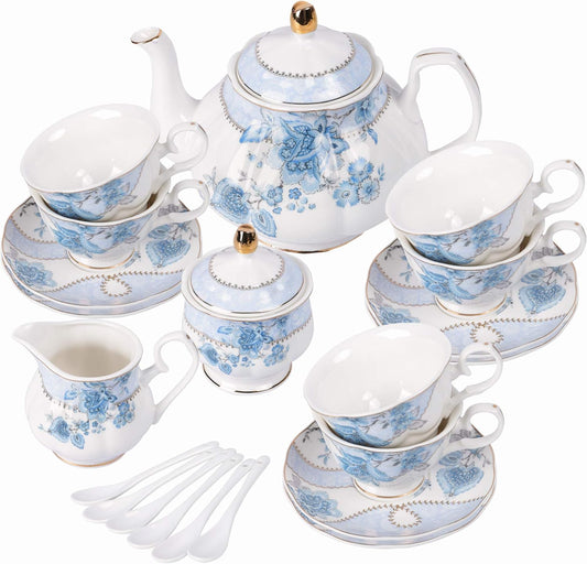 fanquare Blue Flowers Porcelain Tea Set, Tea Cup and Saucer Set Service for 6, Wedding Tea Set with Sugar Bowl Cream Pitcher, Floral Coffee Set for Tea Party