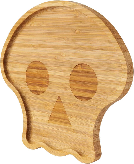 TJ POP Halloween Skull Serving Platter - 10” x 9” Skull Shaped Bamboo Serving Tray, Cute Wooden Charcuterie Board, Spooky Halloween Snack Dessert Candy Dish Plate for Party, Kitchen, Dining Decor