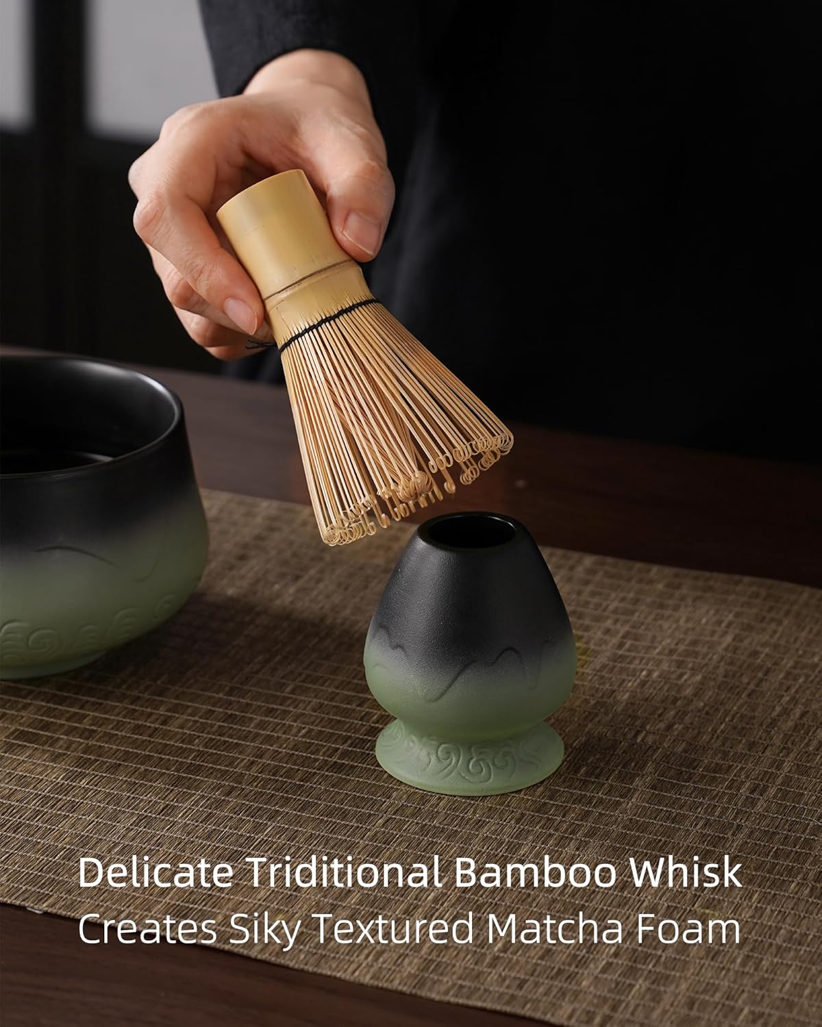 ZENS Matcha Whisk Set, 15oz Ceramic Matcha Set with Bowl and Bamboo Whisk, Scoop, (Chasen Holder) -Tea Towel, 5pcs Matcha Kit for Matcha Lovers, Sage Green
