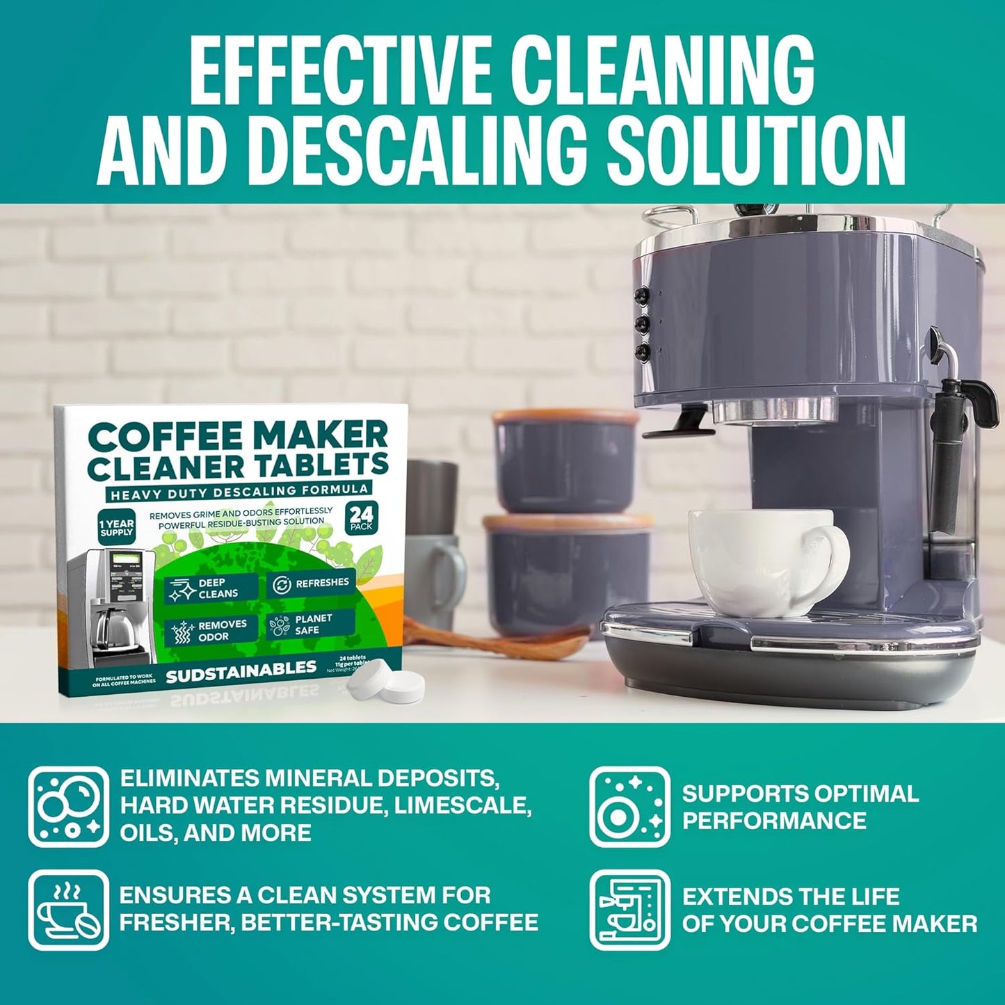 Coffee Maker Cleaner Tablets – Descaling & Cleaning Solution for Coffee Makers, Pot, Espresso Machines – Compatible with Breville, Miele, Keurig, DeLonghi, Nespresso & More – Removes Stains & Oils