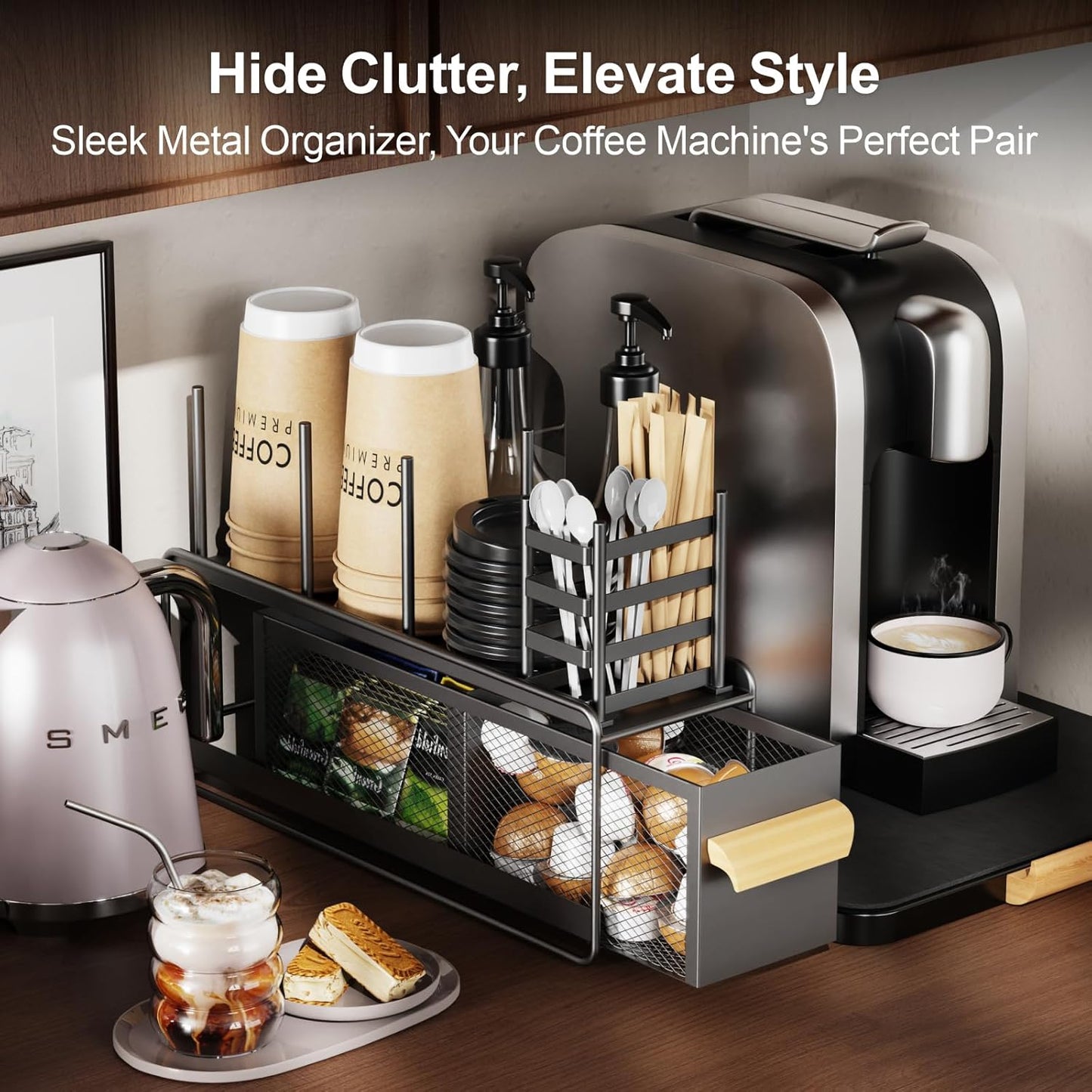 GSlife Cup and Lid Holder with Drawer - Metal Coffee Cup Dispenser with Straw Organizer, Narrow Coffee Bar Station for Countertop Kitchen Breakroom, Black