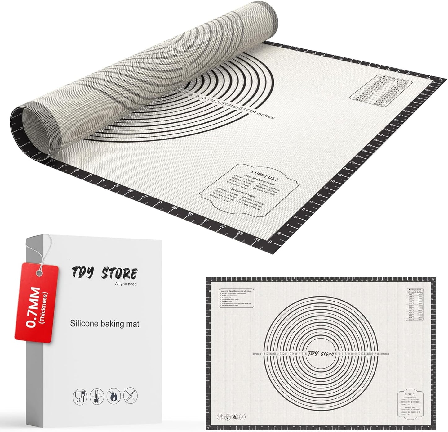 28 * 20 inches black, Non-Slip Silicone Baking Sheets - Baking Mat with 0.7mm Thickness - Non-Stick Pastry & Cookie Mat for Kitchen Counter for Rolling Out Dough with Measurements.