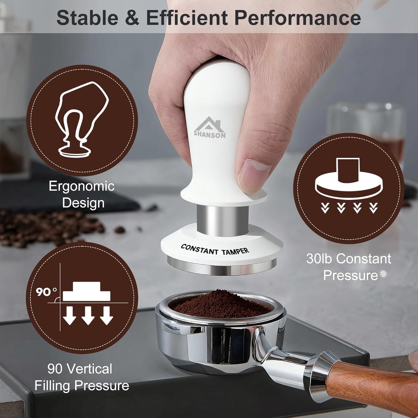 ShanSon 53mm Espresso Tamper,Coffee Accessories,Triple Spring 30lb Constant Pressure, Audible Click Sound Feedback, Stainless Steel Ripple Base,Anodized Aluminum Handle,Tamper Tool Espresso