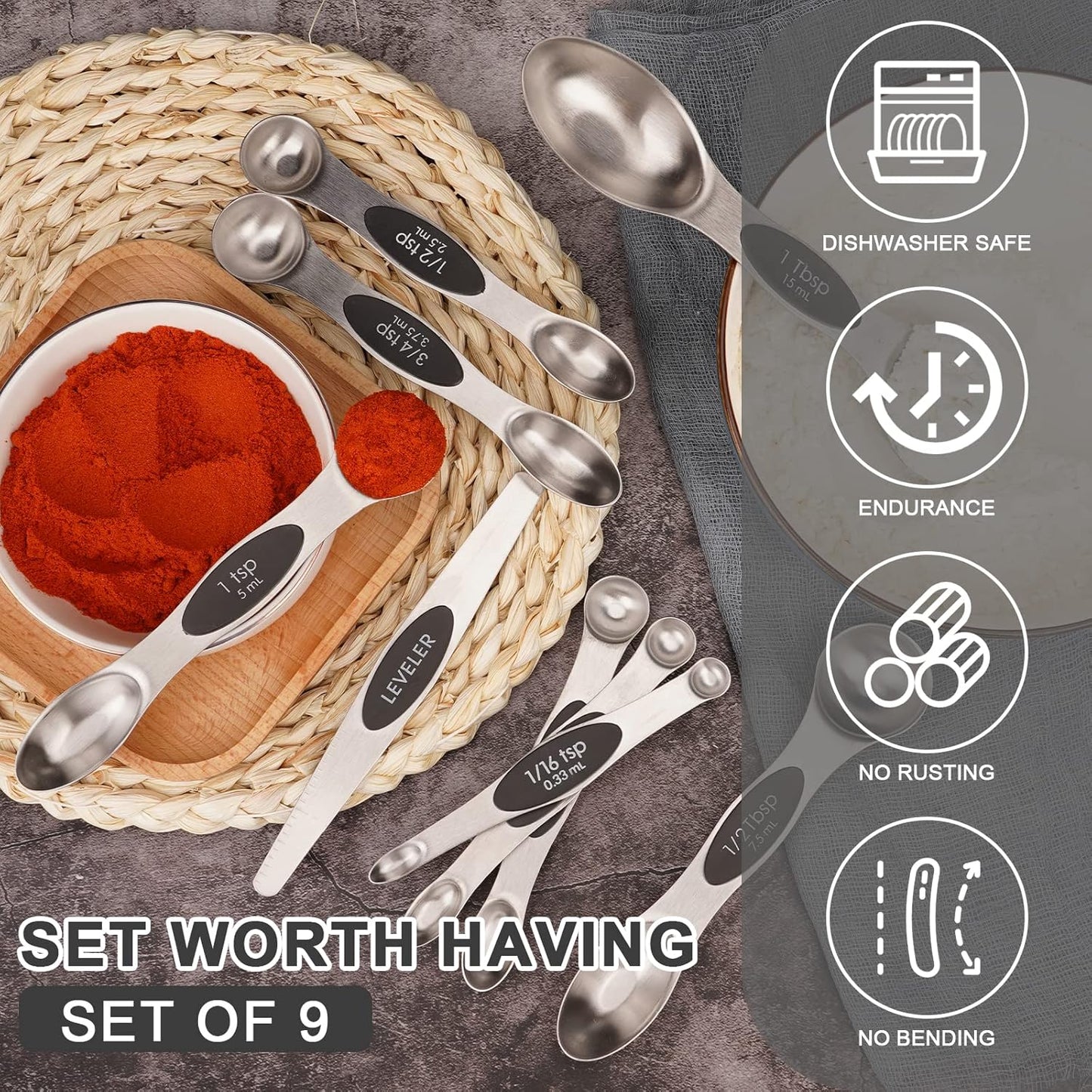 Aovchei 9 PCS Magnetic Measuring Spoons Set, Dual Sided, Stainless Steel Small Tablespoon, Teaspoons, Fits in Spice Jars, for Dry and Liquid, Black