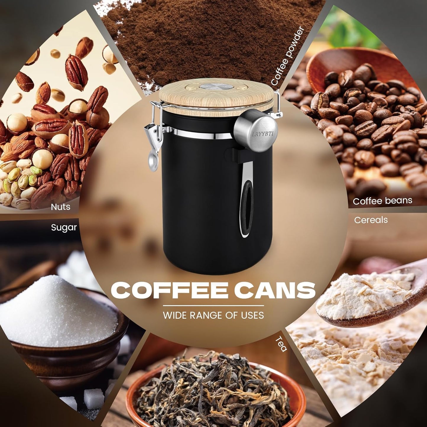 Airtight Coffee Canister,Stainless Steel Coffee Bean Storage Container with Scoop Date Tracker & CO2 Release Valve for Beans, Grounds and more- Black