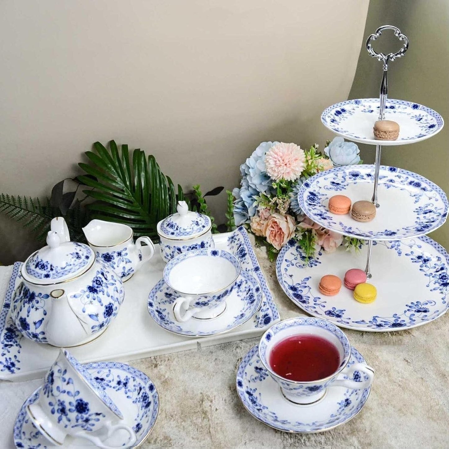 Bone China Tea Set for Adults, 13-Piece Porcelain Tea Sets,Blue and White Bone China Tea Cup Set for 4，Vintage Tea Sets for Women Tea Party or Christmas Gifts