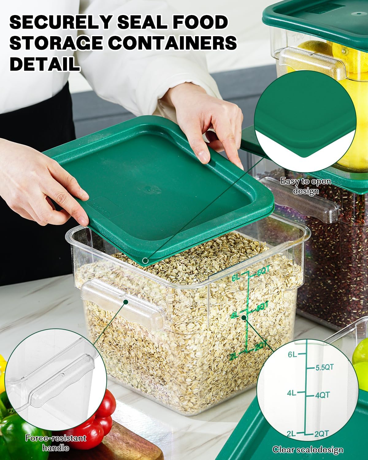 2QT&4QT NSF Food Storage Containers with Lids: 4 PCS [Total Food Grade][Hot&Cold Resistant] Commercial Clear Food Storage Containers for Restaurant Kitchen Proof Dough Green