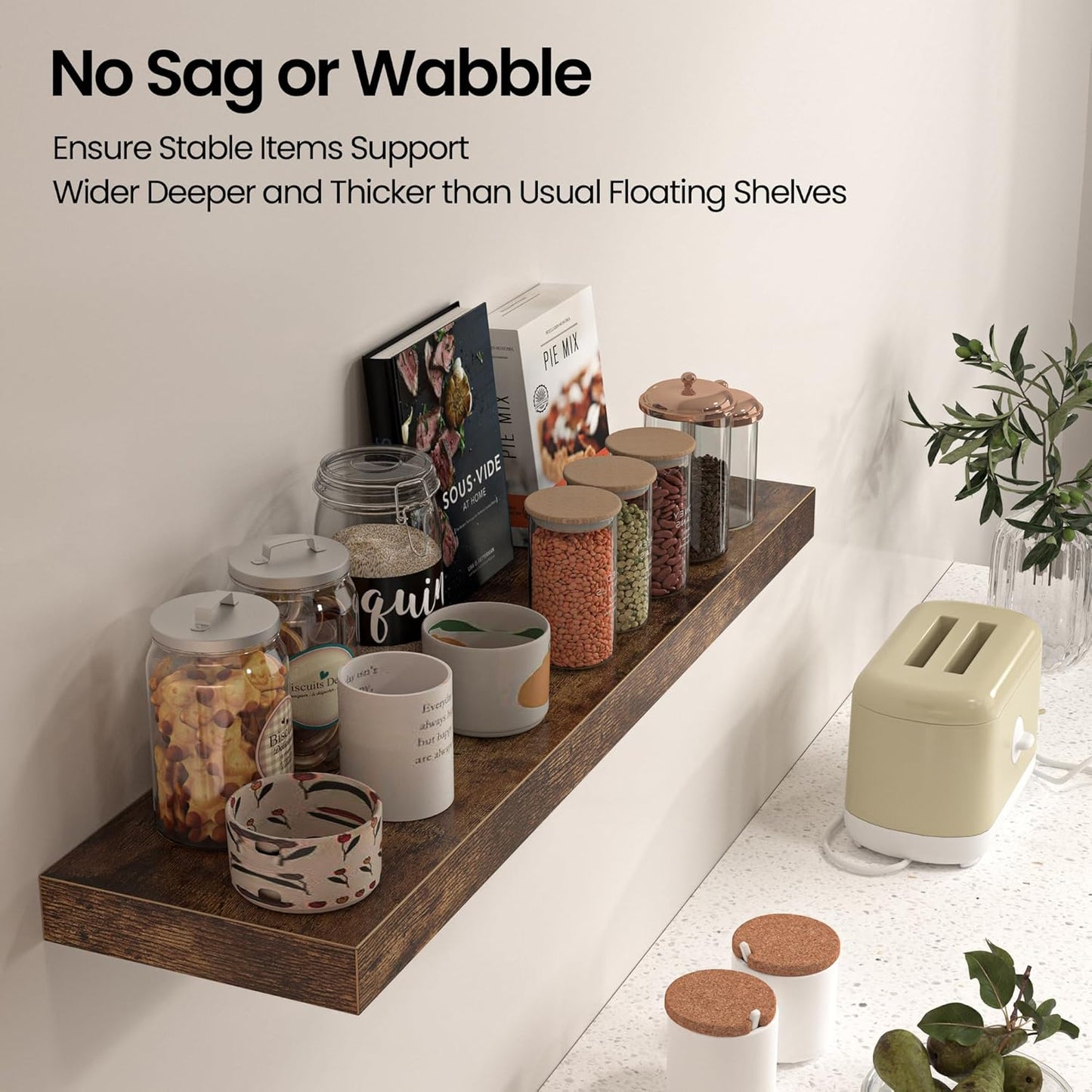 Floating Shelves for Wall, 24"W x 6.7"D x 1.5"H, Wooden Wall Mounted Display Shelf with Invisible Brackets for Living Room, Bedroom, Bathroom, Kitchen Decor and Storage, Set of 2, Rustic Brown