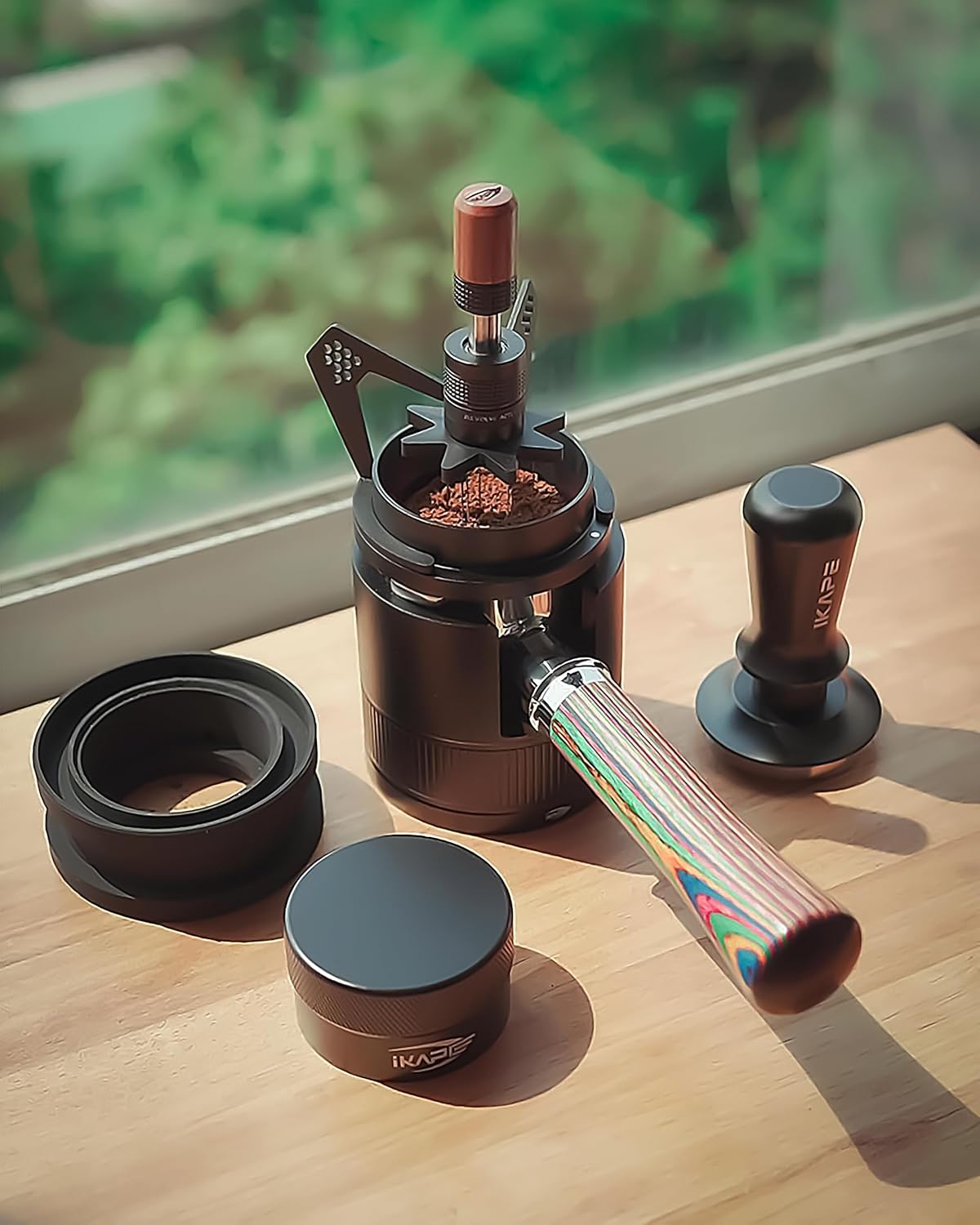 IKAPE Mantis WDT Distribution Tool with Clean Brush, 58.5mm Espresso Stirrer Distribution Tool for Barista, 8 Needle Espresso Stirrer with Dosing Funnel &Stand, Adjustable Needle Height, Walnut Handle