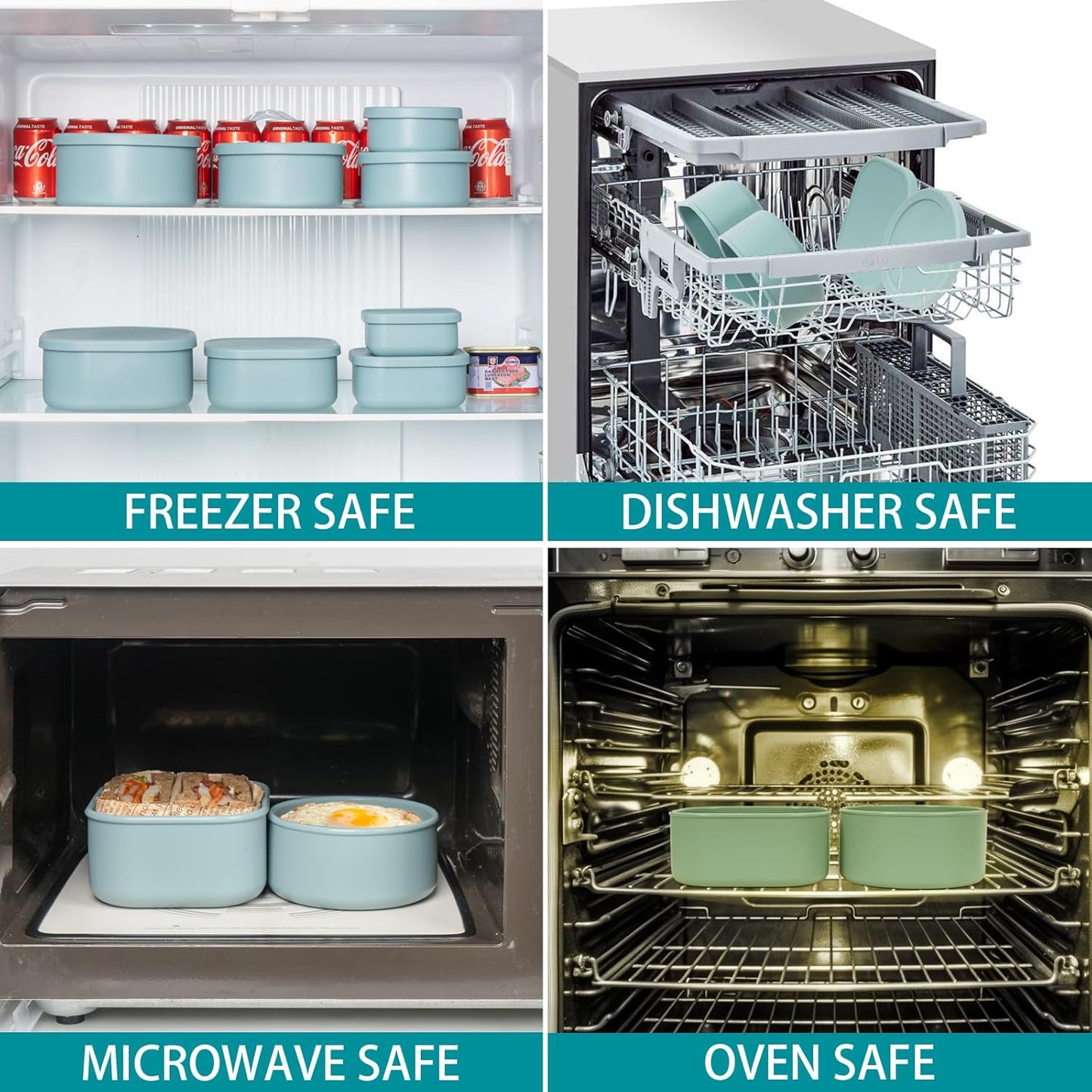 100% Silicone Food Storage Containers with Lids, 8 Pack, 10oz to 51oz, Reusable Leakproof Nesting & Stackable Silicone Bento Lunch Box, Microwave Freezer Dishwasher Oven Safe, BPA Free, Slate Green