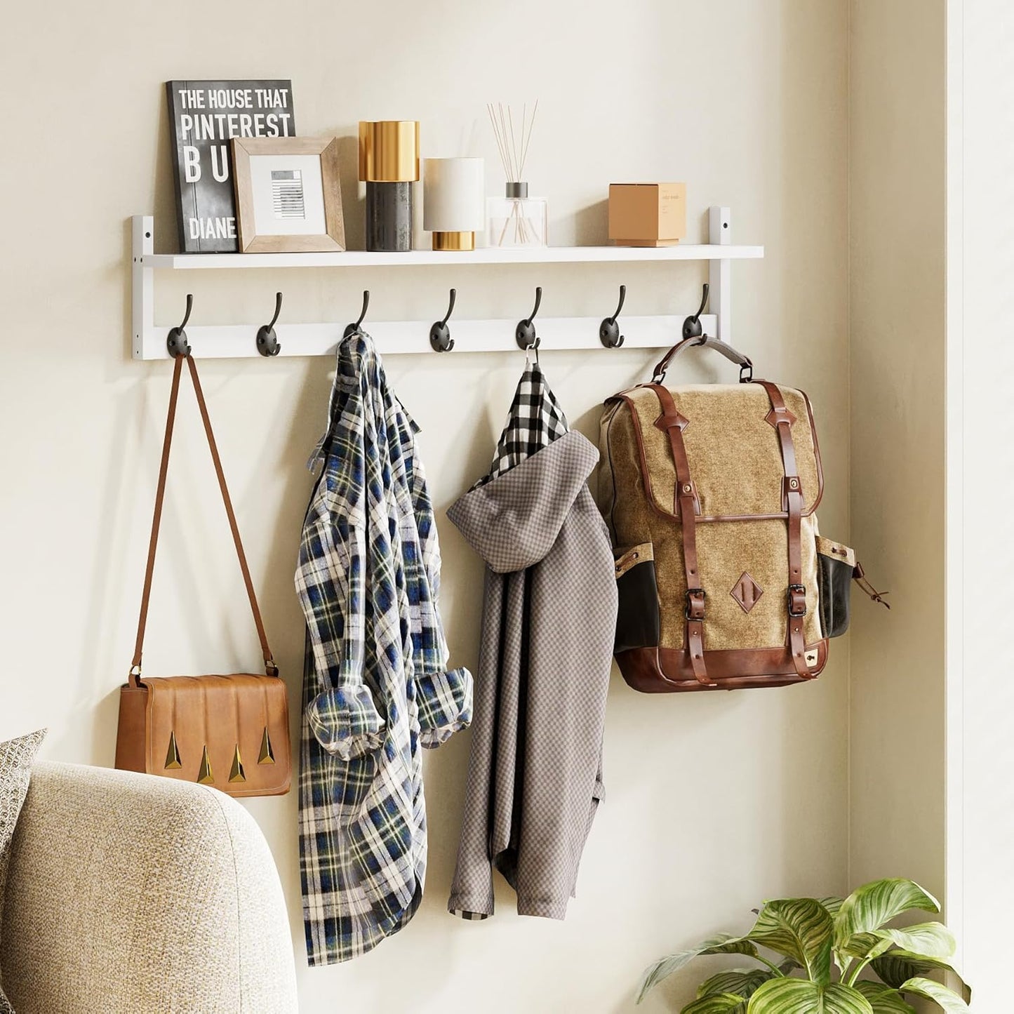 BAMEOS 35" L Wall Hooks with Shelf, Entryway Coat Hooks for Wall with Shelf, Wood Wall Hanging Shelf, Wall-Mounted Coat Rack with 7 Dual Metal Hooks for Bathroom, Kitchen, Living Room, Bedroom (White)