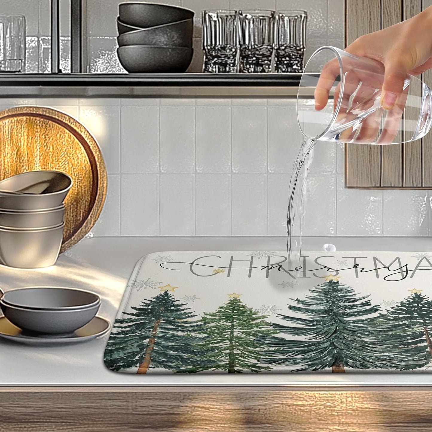 Merry Christma Trees Dish Drying Mat Winter Forest Large Kitchen Mats Dish Drying Pad Xmas Snow Absorbent Dish Dryer Mat for Kitchen Countertops Microfiber Drainer Pad Dish Drying Mats (18x24 in)