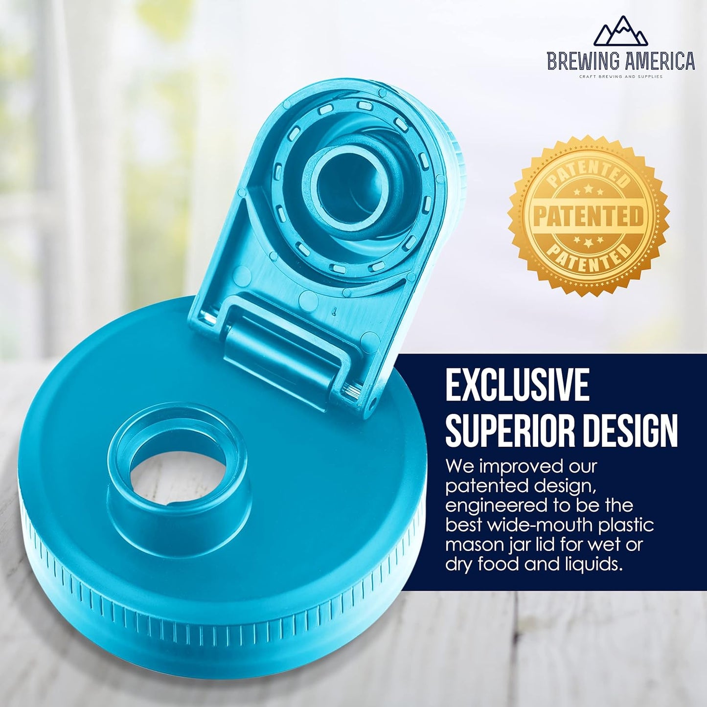 Brewing America Creamer Jar with Pouring Lid, 1 Pint (16 oz) Azure Mason Jar with Teal Wide Mouth Pour Lid for Milk, Sugar, and Cream, 1-Pack (Teal)