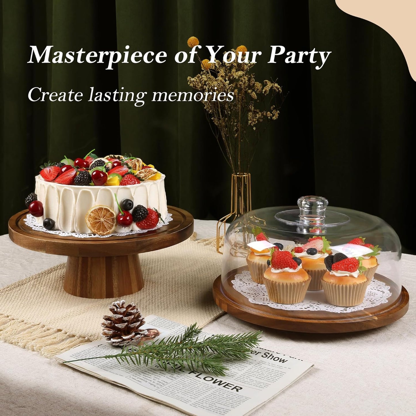 Bellsal Acacia Wood Cake Stand with Lid - 12in Round Cake Holder, 2-in-1 Dessert Table Display Set & Charcuterie Board for Cheese, Chips & Dips, Nachos, Fruit Platter, Large Acrylic Cake Dome Cover