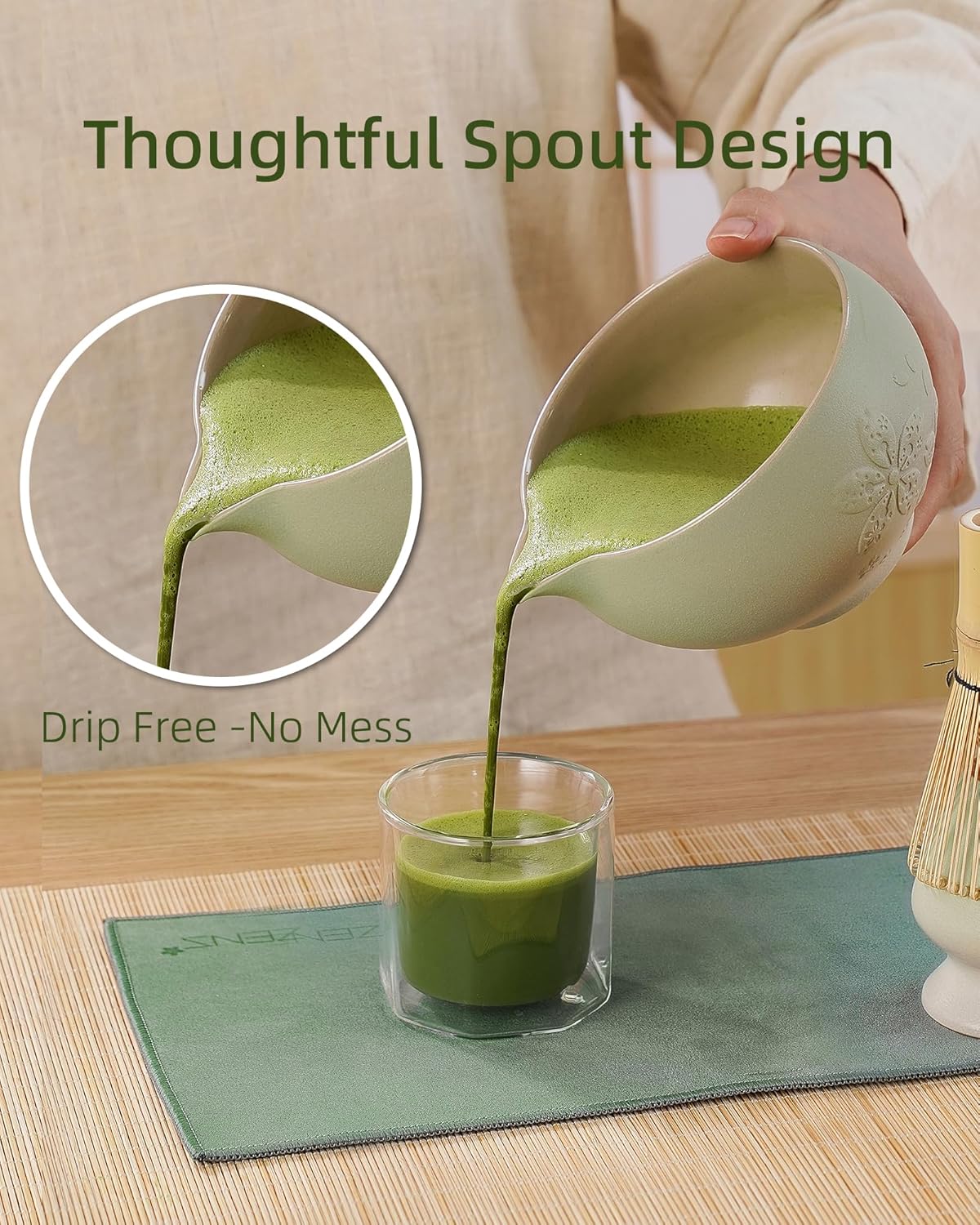 ZENS Matcha Whisk Set, Ceramic Matcha Tea Set with 15oz Sakura Bowl and Bamboo Whisk & Scoop, (Chasen Holder), Stainless Sifter-Tea Towel, 6pcs Matcha Kit for Matcha Lovers, Green