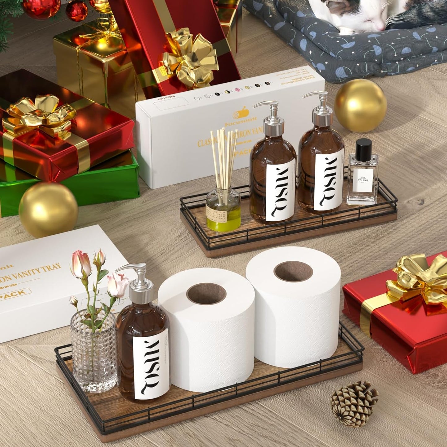 Acacia Bathroom Toilet Tank Tray, 13" Wood Toilet Paper Storage Basket Back of Toilet Basket Organizer, Vanity Tray for Perfume Makeup Candle Kitchen Counter Coffee Table Decor