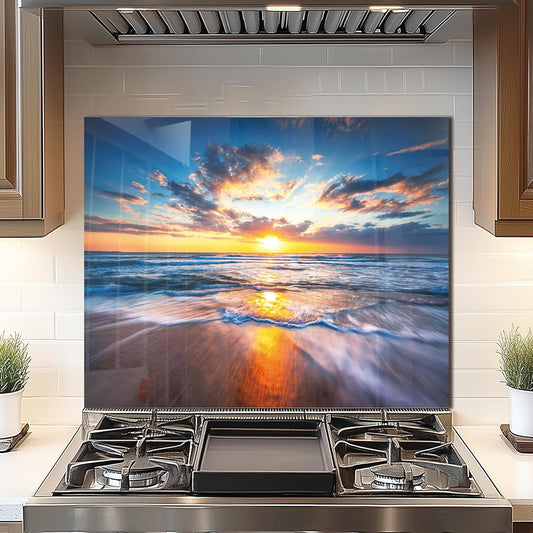 Tempered Glass Backsplash For Kitchen Behind Stove,Sea Beach Stove Backsplash Top Cover,Easy to Clean Glass Splashback, Sink Cover Splash Guard,Home Kitchen Wall Decor (30"x24"(76.2x60.96cm))