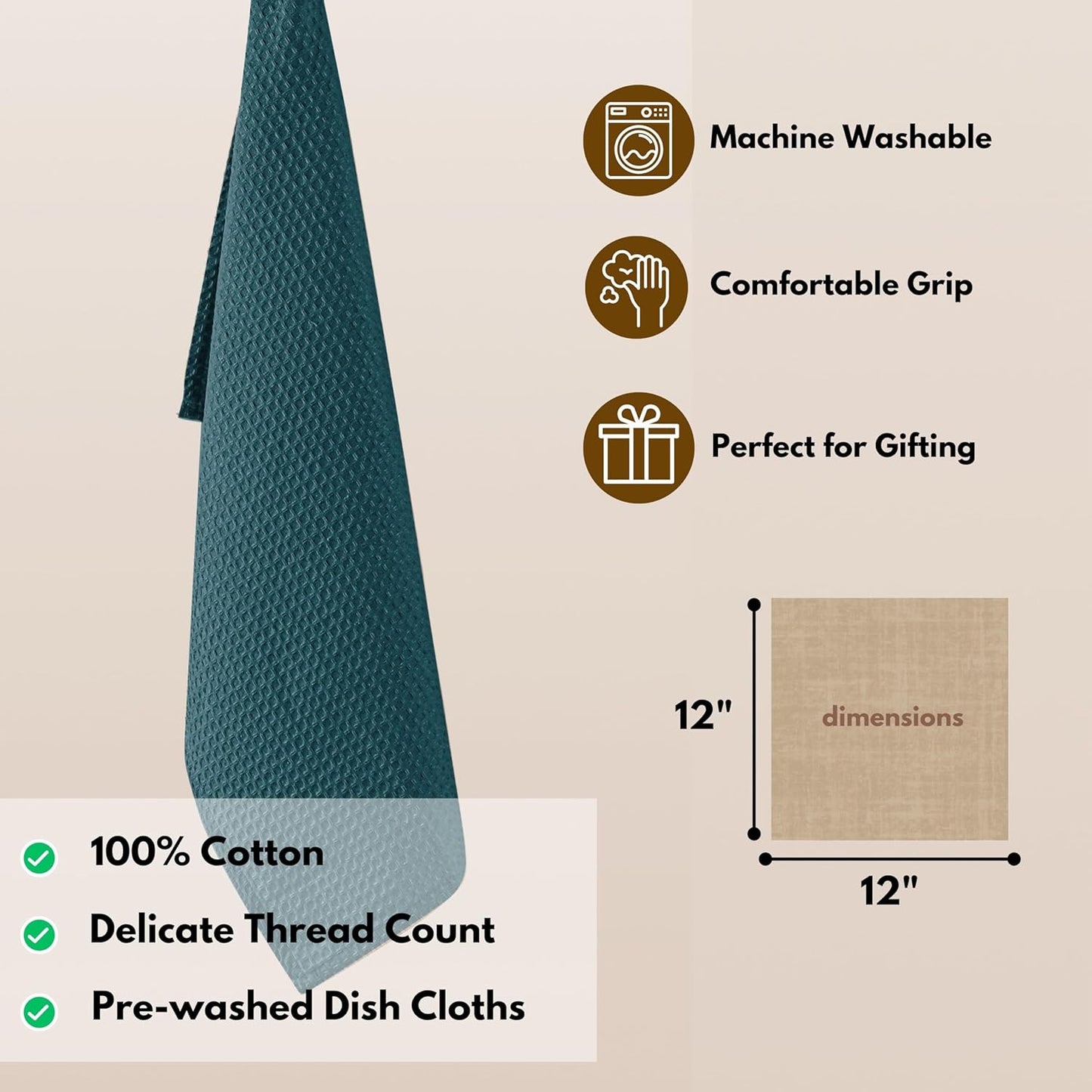 Native Fab Waffle 12 Pack Dish Cloths - 100% Cotton, Absorbent, Quick Drying, Washable Towels for Cleaning, Cooking - Ideal for Home, Restaurants, Bars & Multi Purpose Use - 12 x 12 inch - Teal Green