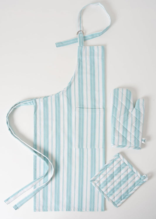 1 Oven Mitt, 1 PotHolder & 1 Kitchen Apron Set - Durable Heat Resistant Gloves - Thick Mittens for Kitchen - Suitable for Cooking, Baking, Grilling – Men & Women – Light Blue Stripes