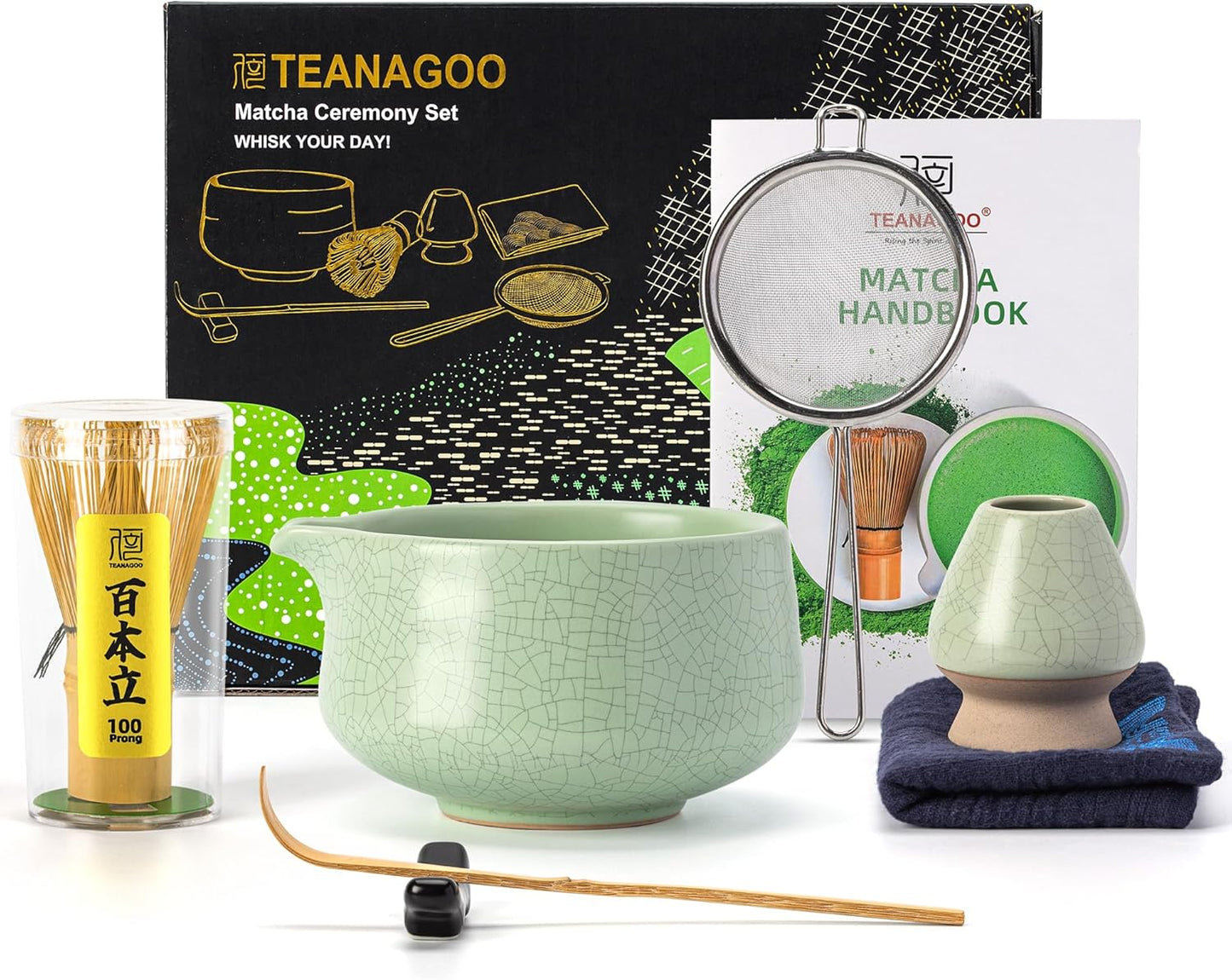 TEANAGOO Matcha Whisk Set Green,7 Pcs Matcha Set,Matcha Starter Kit for Ceremony,Matcha Tea Set for Making Breakfast/Latte,Green Matcha Bowl(Chawan) whith Spout and Whisk,Gift for Friend/Family