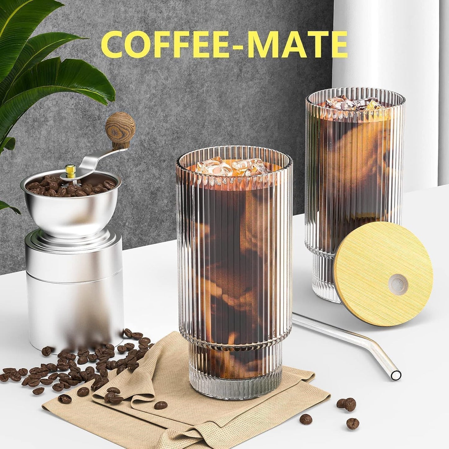 16OZ Glass Cups with Lids and Straws, Vintage Glassware for Whiskey Cocktail Beer, Iced Coffee Cups with Lid, Glass Tumbler with Straw and Lid (2 PACK)