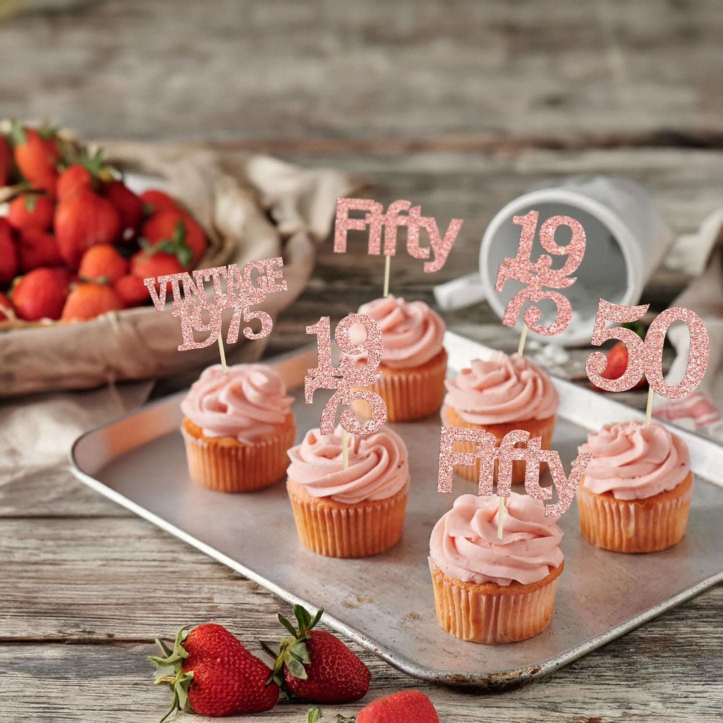 Gyufise 24Pcs 50th Birthday Cupcake Toppers Cheers to 50 Fabulous Fifty Vintage 1975 Cupcake Picks 50th Birthday Wedding Anniversary Party Cake Decorations Supplies Rose Gold