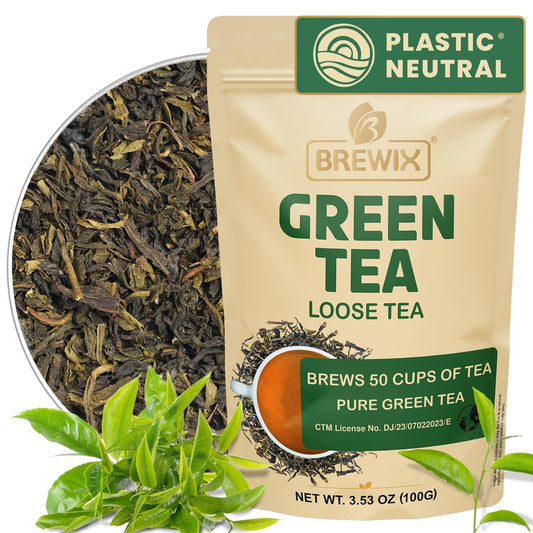 BREWIX, Green Tea Loose Leaf (50+ Cups, 3.53oz/100g) Gluten Free I High Elevation Grown Green Tea Leaves | Pure Single Origin Sourced Direct from India