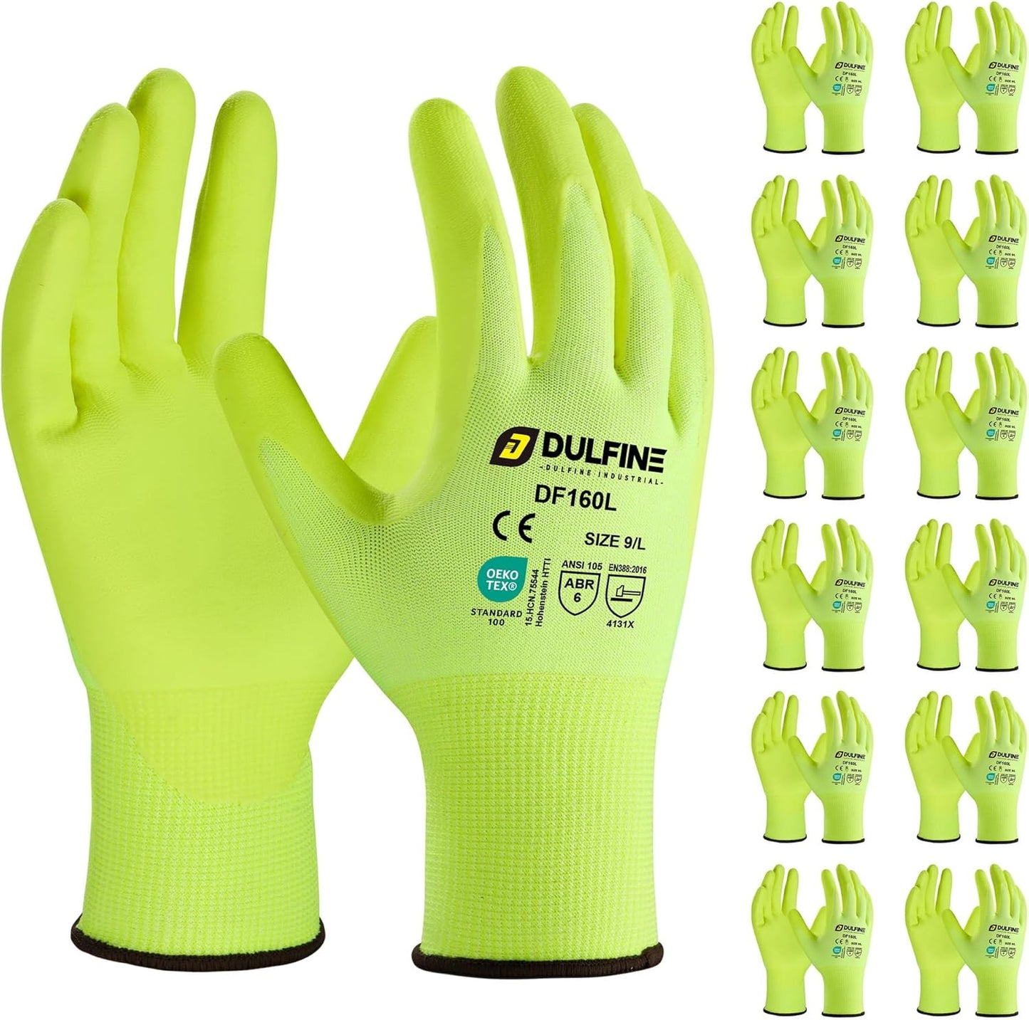 DULFINE Work Gloves for Men and Women,Hi-Vis Yellow Knit Nylon Glove with MicroFoam Nitrile Coated-12 Pairs Pack,Ideal for General Purpose,Automotive,Home Improvement,Painting(Extra Large)