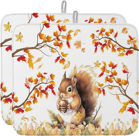 Fall Dish Drying Mat for Kitchen Counter Squirrel Drying Pad Absorbent Drying Mats for Countertops Sinks Draining Racks Pine Cone Autumn Maple Leaves Drainer Holiday Harvest Thanksgiving Decor 18x24