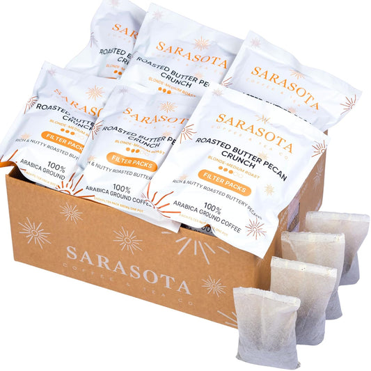 Ground Flavored Coffee In Filter Packs | Medium Roast Low Acid Mold Free Pouches | Bulk Packets | Roasted Butter Pecan Crunch | Gourmet Individual Premeasured Coffee Bags for 10-12 Cup Drip Maker
