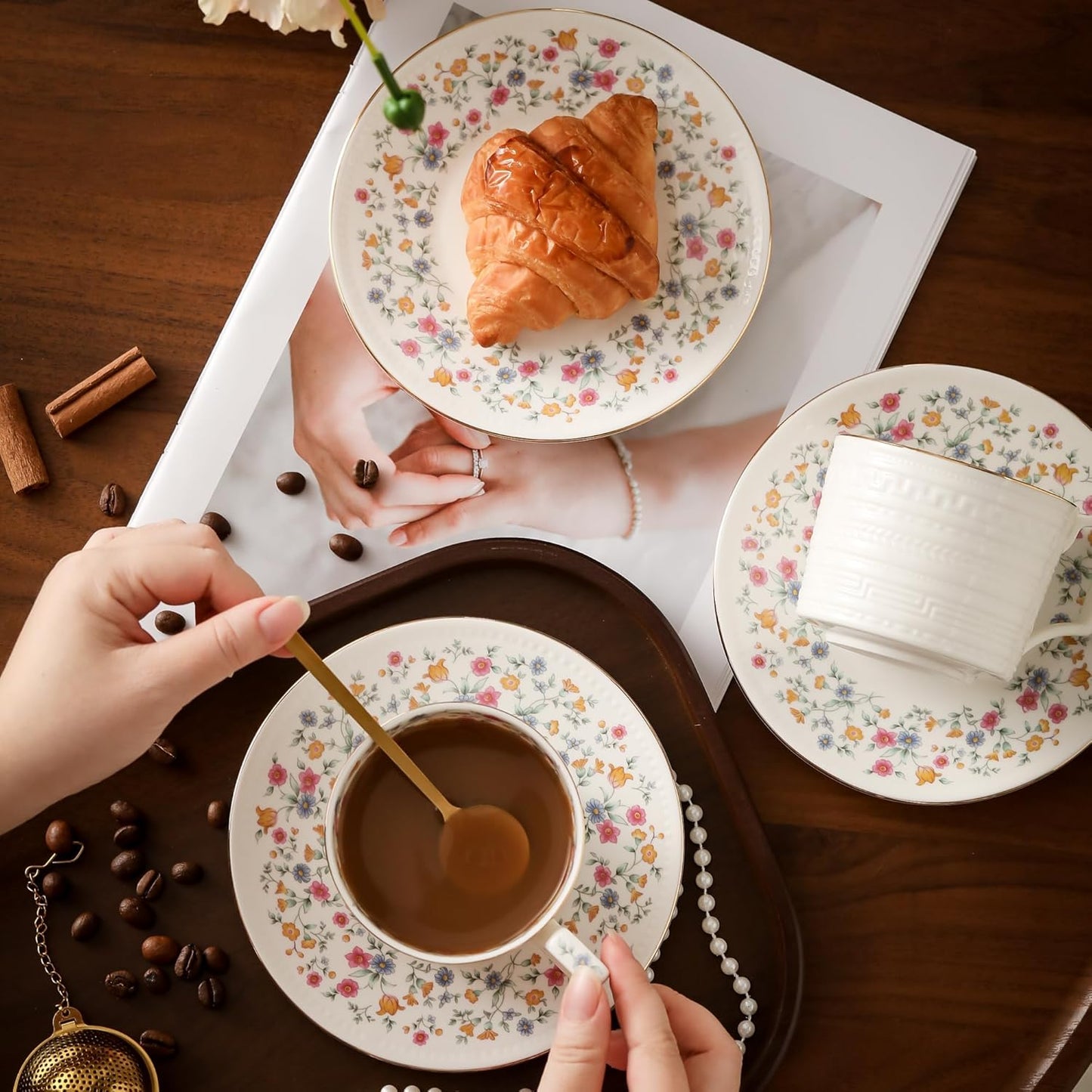 Tea Cups and Saucer Sets,8.8 oz Cappuccino Cups with Saucers and Spoons,3 Pieces, Vintage Style,Embossed Bone China Coffee Cup & Saucer Set For Women Wedding/Birthday/Christmas Gift