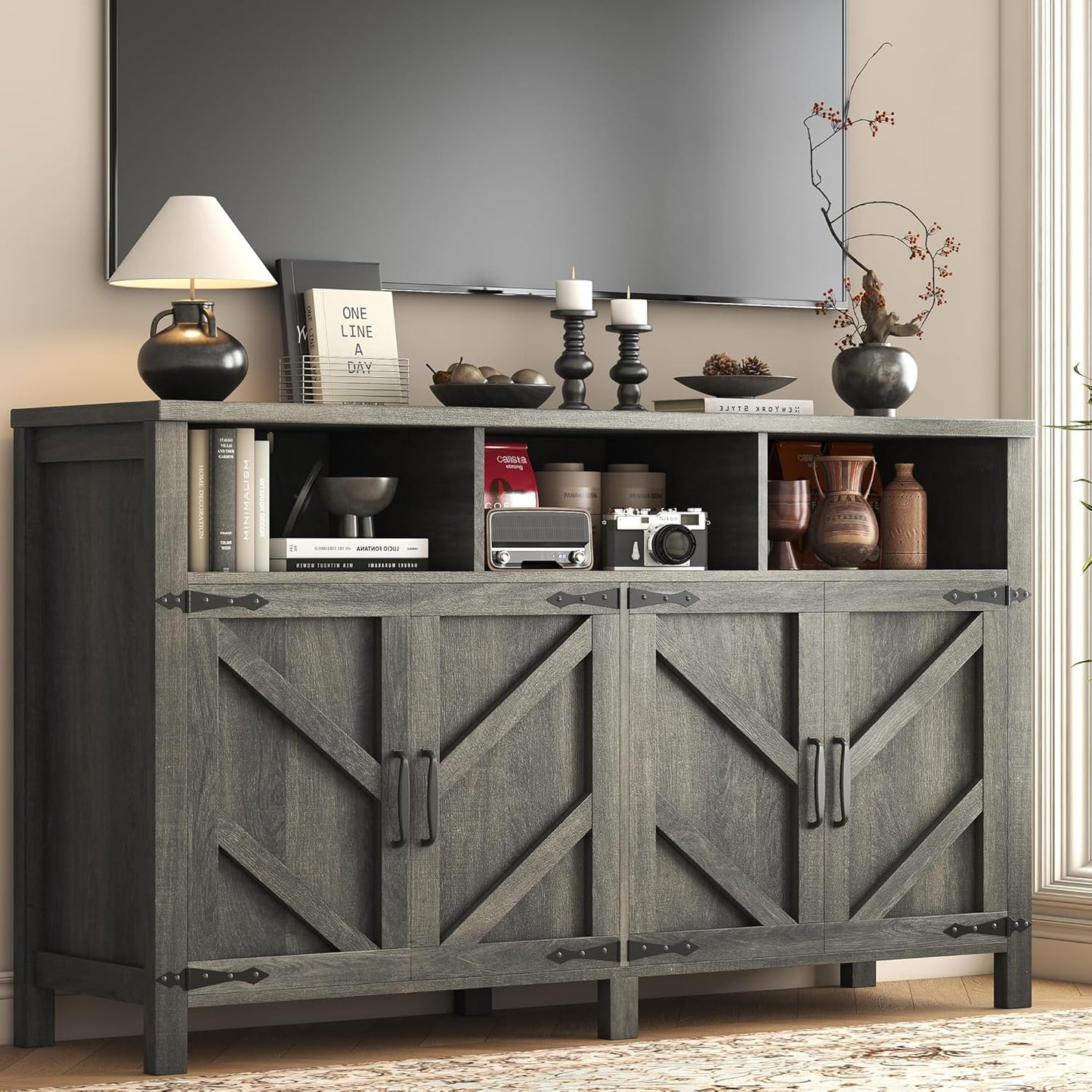 Buffet Sideboard with Storage Farmhouse with 4 Doors, 55'' Large Kitchen Storage Cabinet Wood Coffee Bar Cabinet Buffet Table with Shelves for Kitchen, Dining Room, Entryway (Gray, 55in)