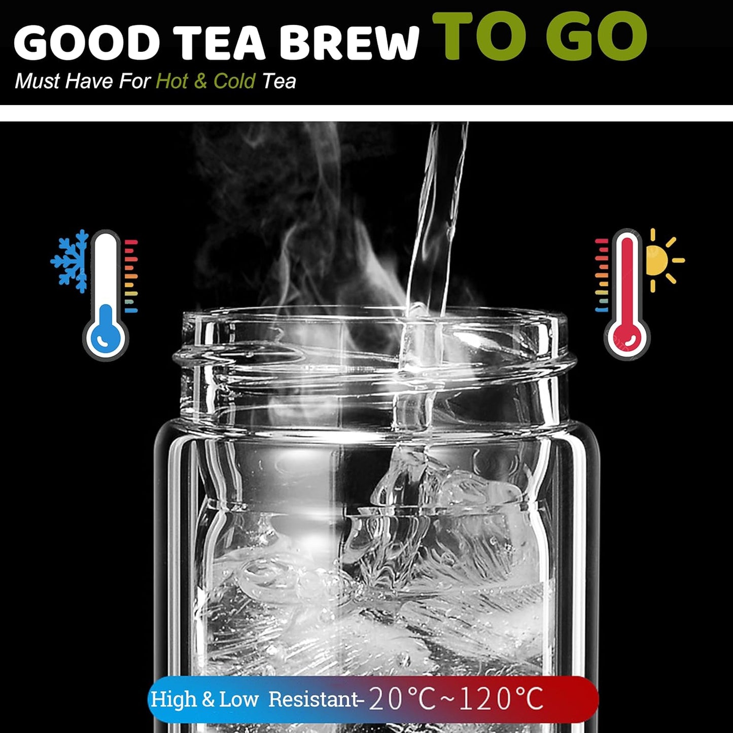 Tea Tumbler with Infuser, 34oz Tea Bottle with 2 in1 Infuser, Large Double Wall Borosilicate Glass Tea Bottle 100% Leak-Proof with Stainless Steel Filter