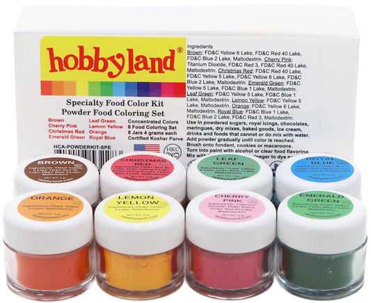 Hobbyland Powder Food Color Kit, Specialty Powder Food Coloring Set, 8 Colors, 4 Gram Jars